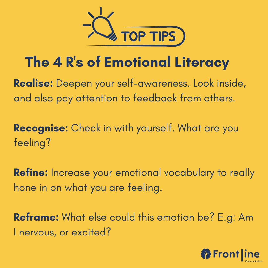 FLComs's tweet photo. Emotional literacy is the key to processing difficult feelings. By digging deep and getting specific, we get a better understanding of what is going on for us. Name it to tame it. #FrontlineCommunication #communicationsskills #communication #MedEd #NHSEd #tuesdaytoptips https://t.co/rVJRErFHqN