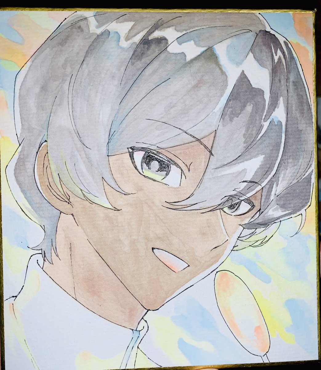 1boy male focus solo traditional media looking at viewer shikishi hair between eyes  illustration images