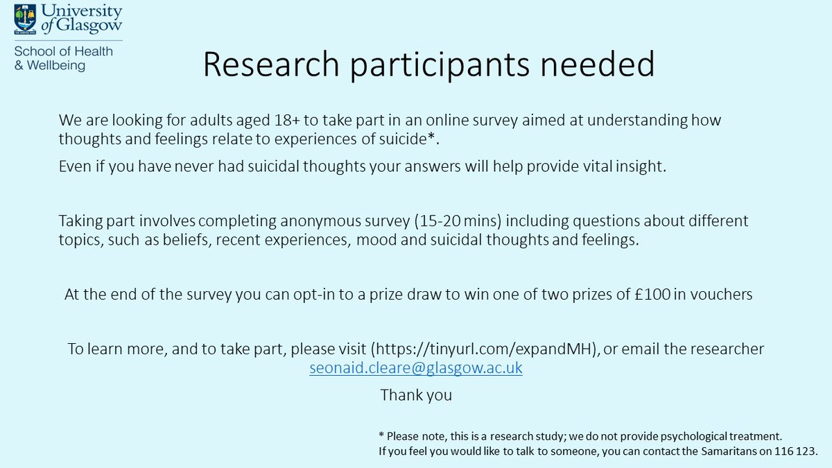 Seonaid Cleare (@seonaidcleare) on Twitter photo We are looking for participants to take part in a survey on mental health and wellbeing. For more info see: tinyurl.com/expandMH
RTs greatly appreciated. Thanks
<a href="/suicideresearch/">Rory O'Connor</a> We are looking for participants to take part in a survey on mental health and wellbeing. For more info see: tinyurl.com/expandMH
RTs greatly appreciated. Thanks
<a href="/suicideresearch/">Rory O'Connor</a>