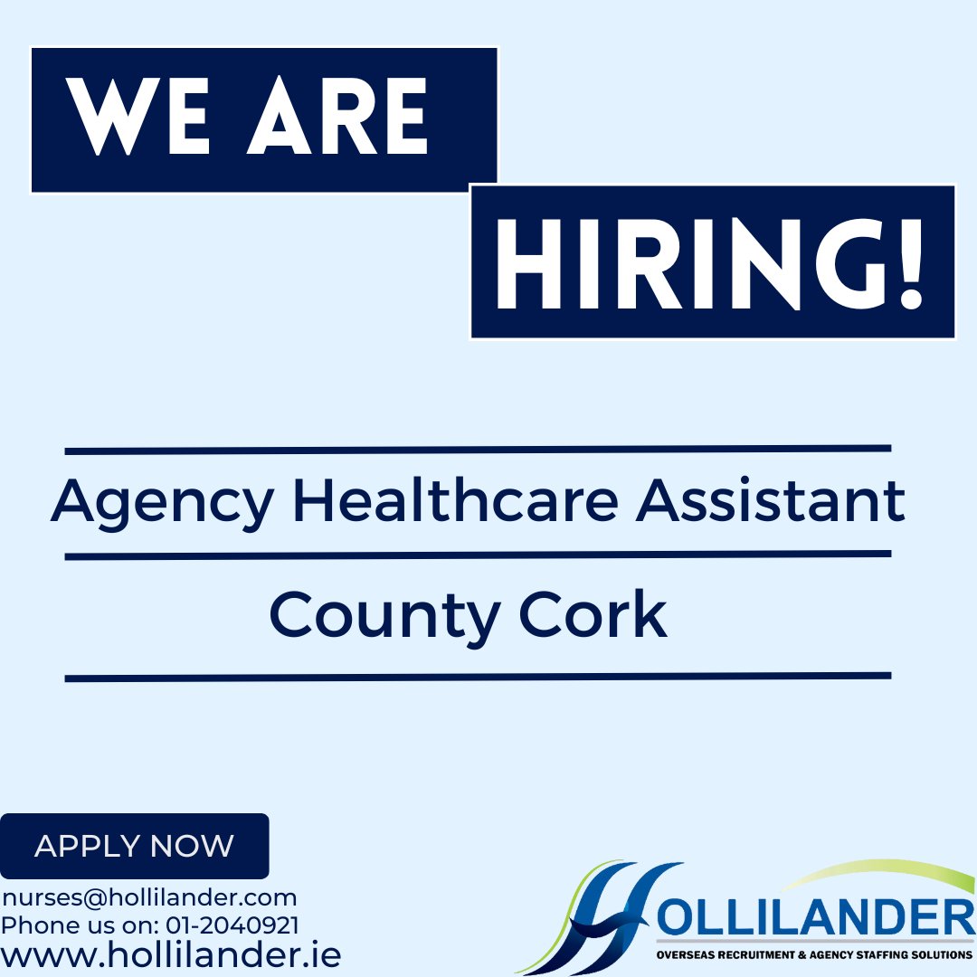 Hollilander Recruitment are currently recruiting agency healthcare assistants in county Cork.

If this is something you are interested in, please contact us via nurses@holilander.com

#hollilanderrecruitment #healthcarerecruitment #agencyhealthcareassistant #agencystaff