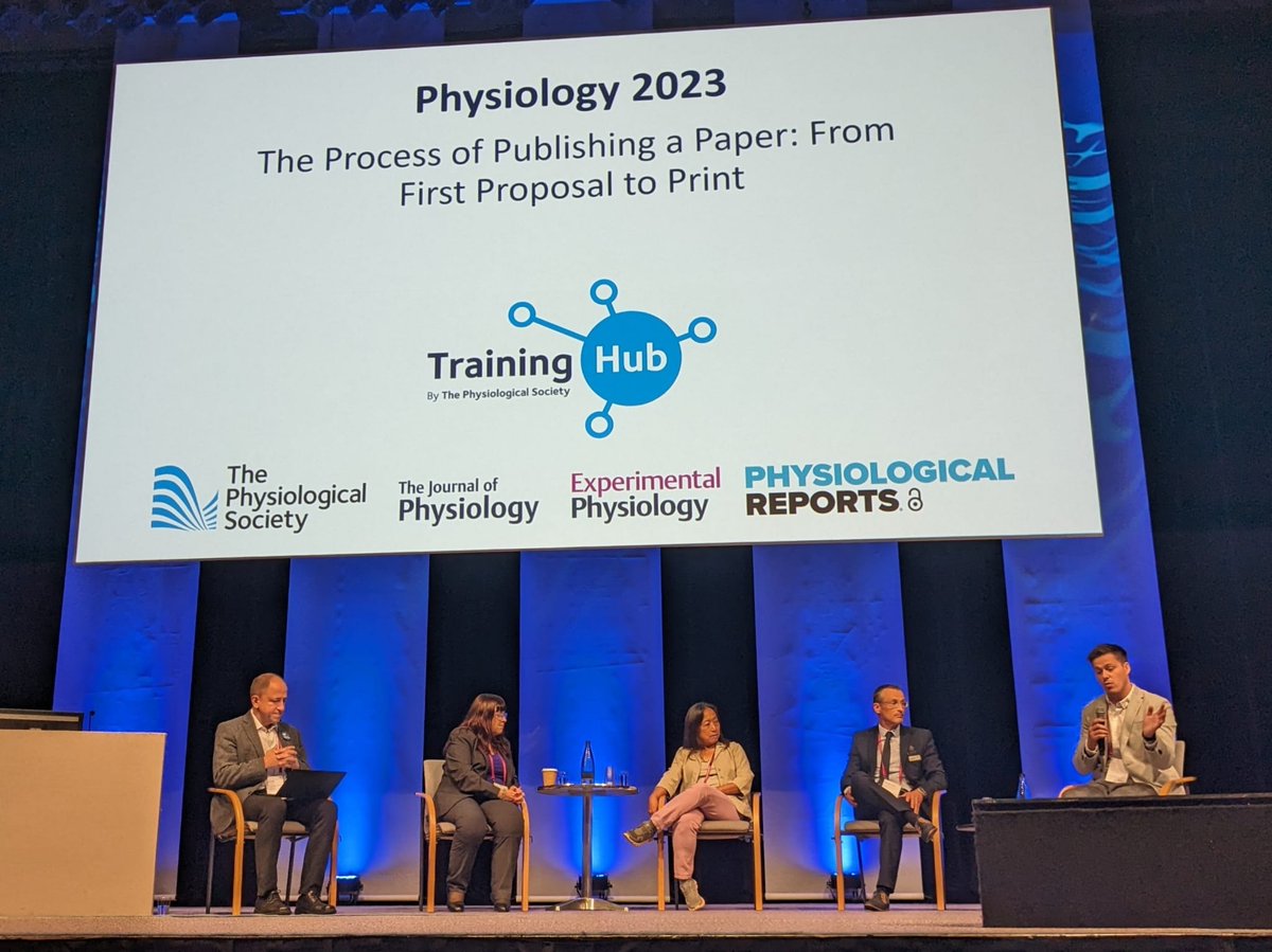 PhySoc's tweet photo. Improve your chances of being published, gain insider editorial knowledge &amp; develop submission skills- We’re at the #Physiology2023 Training Hub session ‘The Process of Publishing a Paper’ with panel @DamianMBaileyEP Prof Peter Kohl @DrKimEBarrett21 @PeyingFong &amp; @BenjaminStacey_ https://t.co/xApYw8IycJ