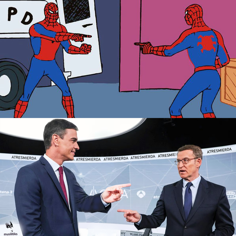 musilitiks's tweet photo. Tranque y Pedante en el #CaraACaraAtresmedia #GanaPedro #GanaFeijoo #ganaspiderman #Pierdelagente #2MEMES https://t.co/8n3LOSnhmN