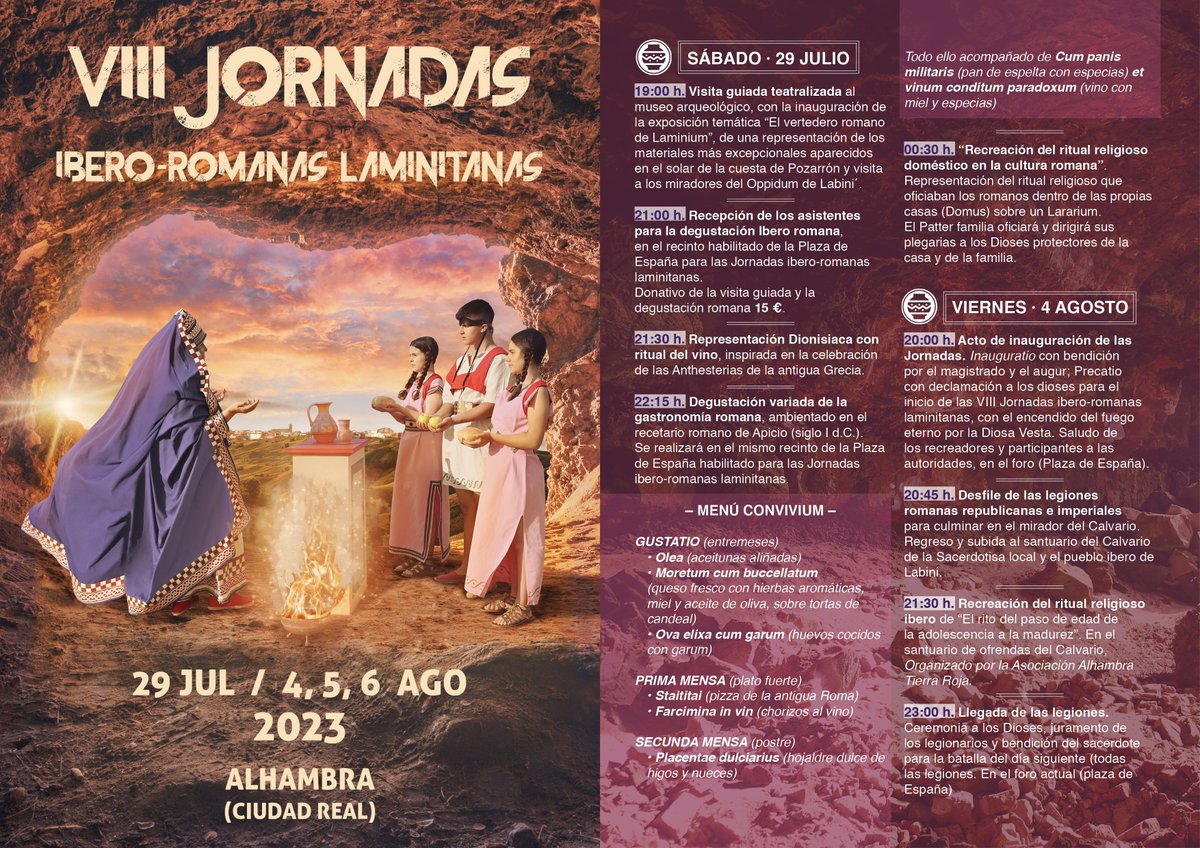 HistoriAlhambra's tweet photo. Programación de las VIII Jornadas ibero-romanas laminitanas de Alhambra (Ciudad Real). Un programa repleto de actividades para todas las edades: recreación histórica, visita al patrimonio histórico-arqueológico, teatro, gastronomía, juegos... ¿Nos ayudáis a compartir con un RT? https://t.co/la2MbiNfWU
