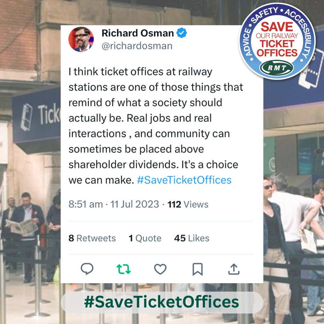 'I think ticket offices at railway stations are one of those things that remind of what a society should actually be...' Who said ticket offices were pointless? ⬇️ Be like Richard, and have your say in the consultations. #SaveTicketOffices bit.ly/saveticketoffi…