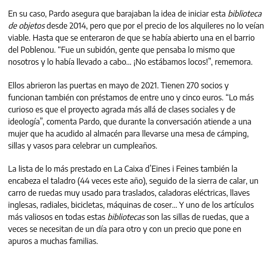 CdEinesiFeines's tweet photo. "Las bibliotecas de objetos se abren paso: ¿por qué comprar un taladro si apenas lo usas? ¡Tómalo prestado!"
Artículo a partir de las experiencias de la #bibliotecadelescoses de Sant Martí i nuestra #CaixadEines, por @paurodra a @eldiarioes.
1/3
https://t.co/KZJtCZBxoR https://t.co/QVkVZRAVqF