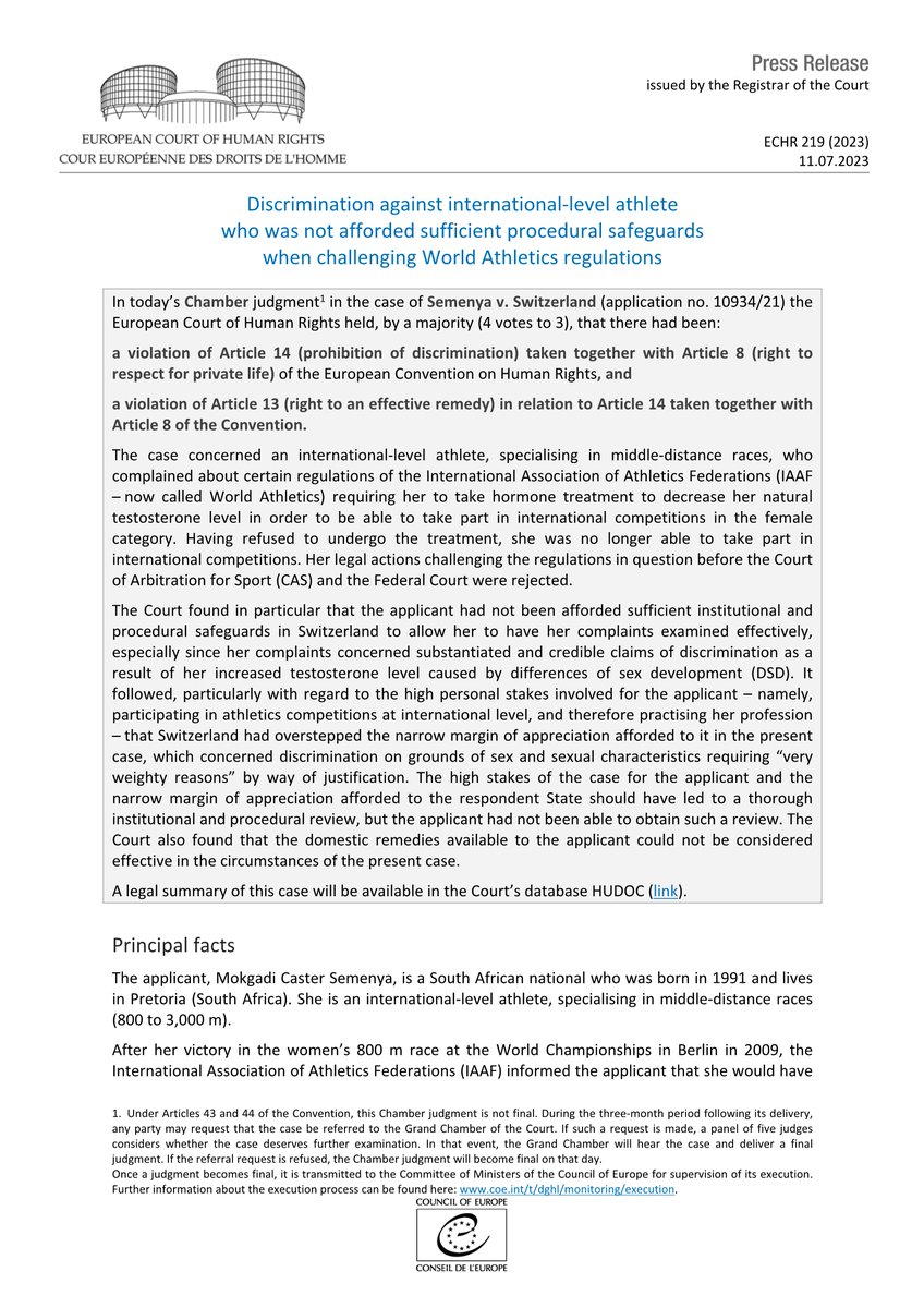 ECHR_CEDH's tweet image. Judgment Semenya v. Switzerland - Discrimination against international-level athlete who was not afforded sufficient procedural safeguards when challenging World Athletics regulations
hudoc.echr.coe.int/app/conversion…
#ECHR #CEDH #ECHRpress