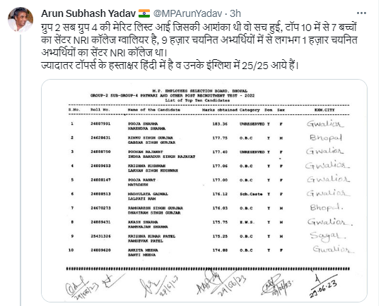 News18MP's tweet photo. भोपाल-पूर्व केंद्रीय मंत्री @MPArunYadav ने पटवारी परीक्षा में घोटाले का लगाया आरोप,लिखा- मेरिट लिस्ट में आए एक ही सेंटर के 7 छात्र, एक ही सेंटर के करीब एक हजार चयनित अभ्यर्थी, परीक्षा की जांच होना चाहिए
@BJP4MP @INCMP @ChouhanShivraj @OfficeOfKNath
#MPnews #Bhopal #MPPatwariScam https://t.co/hXLmkJe4W7