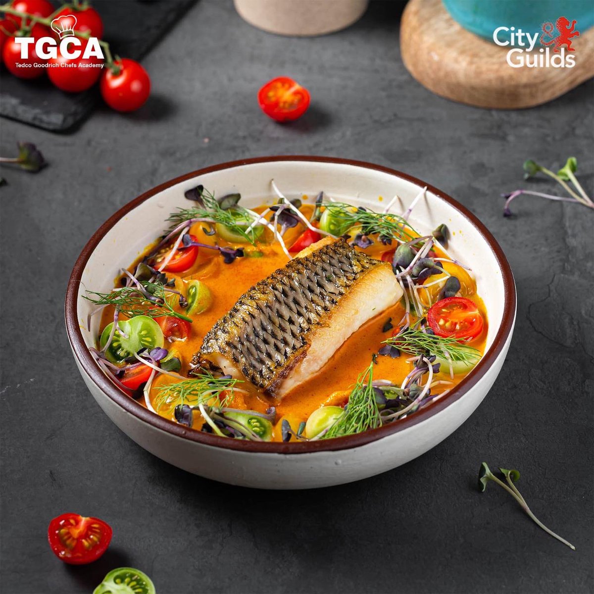 tedcoeducation's tweet photo. Crafted and Presented by Chef Adityan Sinha Biswas, a perfect harmony of flavors with our Pan Seared Sea Bass, delicately enveloped in a Creamy Coconut Sauce and accompanied by Tangy marinated Tomatoes. A culinary delight that will help in making you Culinary Expert. Join us now. https://t.co/vPX8dUkg7f