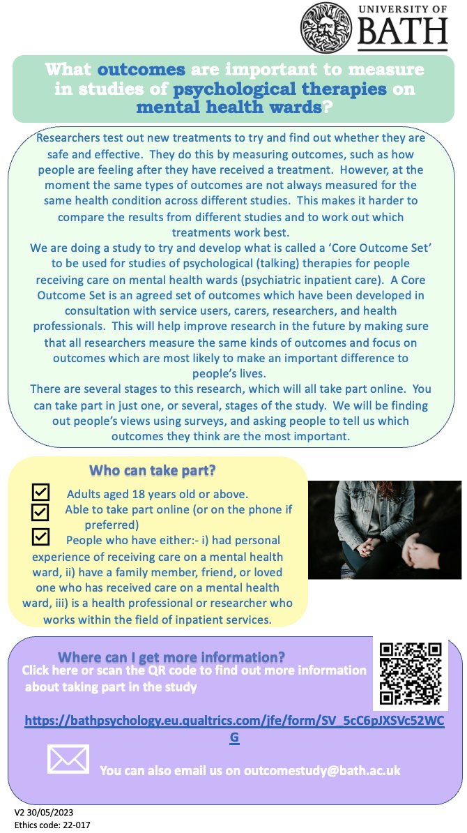 OutcomeStudy's tweet image. 📢What should we measure in studies of talking therapies on #mentalhealth #inpatientwards?      

➡️bathpsychology.eu.qualtrics.com/jfe/form/SV_5c…

➡️ The first survey for this stage of the study will close on 17th July, have your say before then!