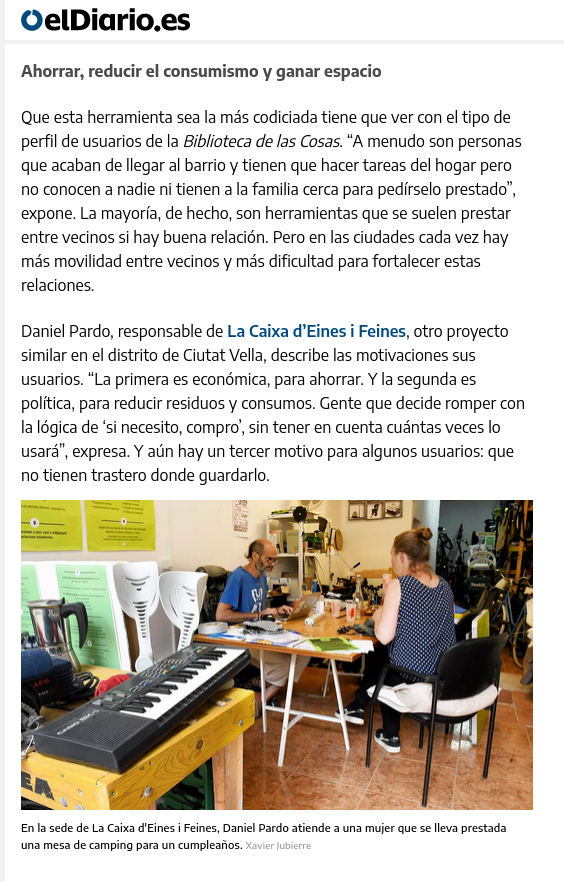 CdEinesiFeines's tweet photo. "Las bibliotecas de objetos se abren paso: ¿por qué comprar un taladro si apenas lo usas? ¡Tómalo prestado!"
Artículo a partir de las experiencias de la #bibliotecadelescoses de Sant Martí i nuestra #CaixadEines, por @paurodra a @eldiarioes.
1/3
https://t.co/KZJtCZBxoR https://t.co/QVkVZRAVqF