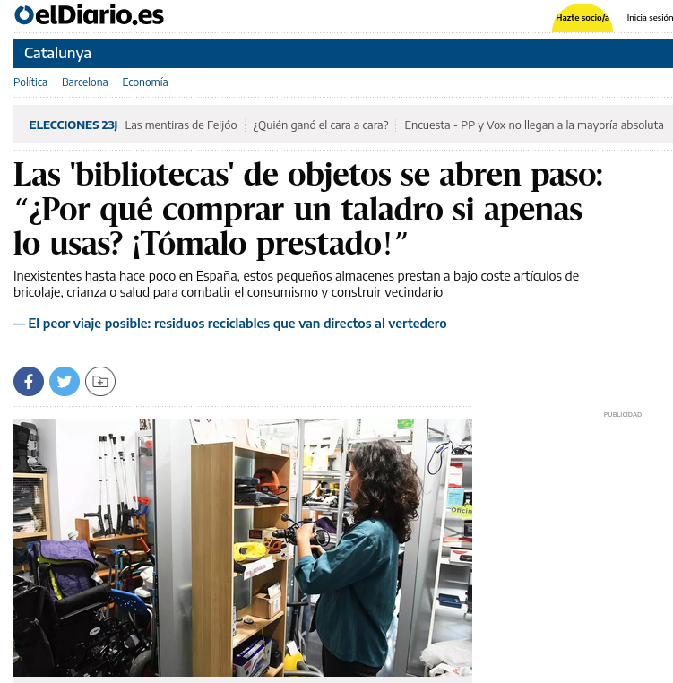 CdEinesiFeines's tweet photo. "Las bibliotecas de objetos se abren paso: ¿por qué comprar un taladro si apenas lo usas? ¡Tómalo prestado!"
Artículo a partir de las experiencias de la #bibliotecadelescoses de Sant Martí i nuestra #CaixadEines, por @paurodra a @eldiarioes.
1/3
https://t.co/KZJtCZBxoR https://t.co/QVkVZRAVqF