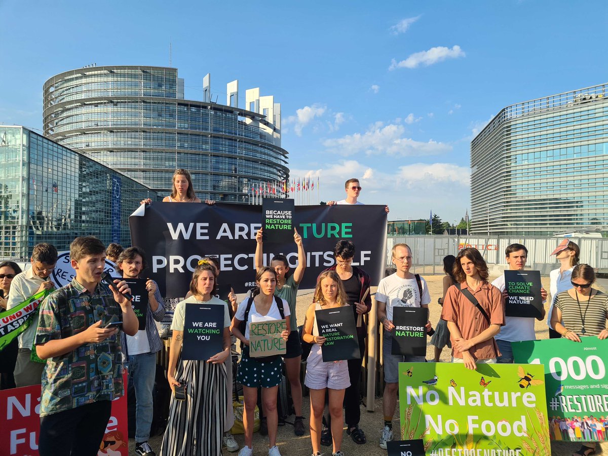 GreensEFA's tweet photo. Together with dozens of protestors outside the European Parliament, we call on all MEPs to vote in favour of the #NatureRestorationLaw tomorrow. 

We need to #RestoreNature now! To achieve the #EUGreenDeal &amp; fight climate change. 

Join the call too! https://t.co/TLMtbO3TjJ https://t.co/1G1HH8pqQM