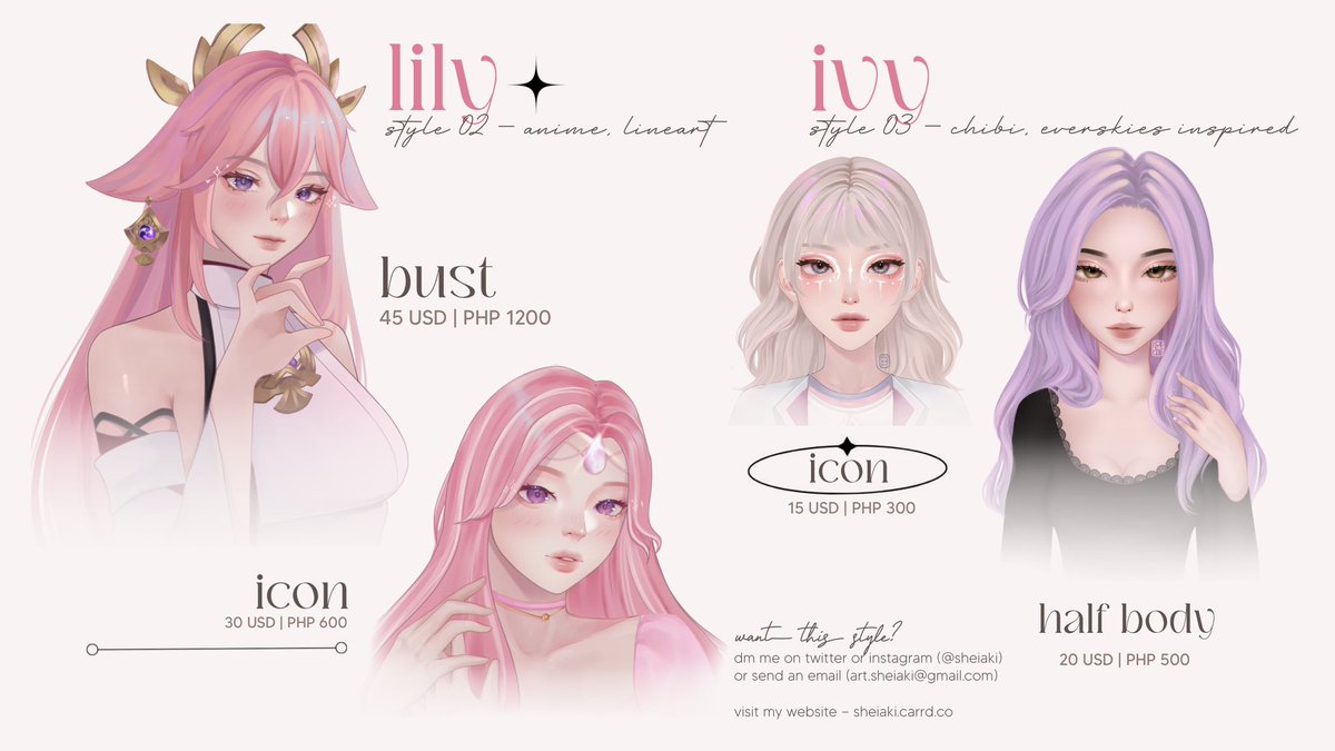 °ʚ COMMISSIONS OPEN ɞ°

slide into my dms if you’re interested! 💗

✦ website: sheiaki.carrd.co
✦ commission guidelines below

꒰ #commissionsopen #artistontwitter #artph #commission ꒱