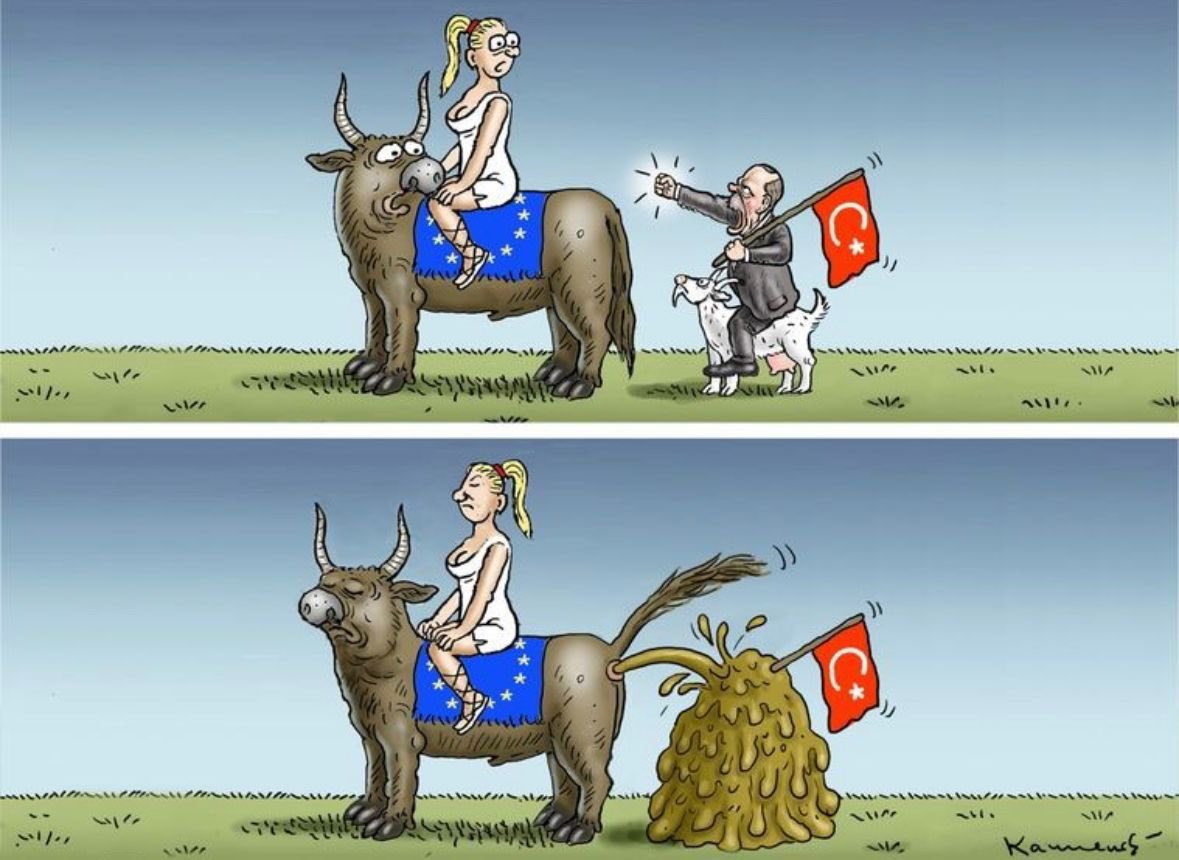 İsveç kararından sonra Avrupa’da çıkan ve durumu özetleyen karikatür. Dışarıdan görülen bu! Sen halkını kandırmak için başka türlü kahramanlık hikayeleri anlatabilirsin ama onların umurlarında değil!