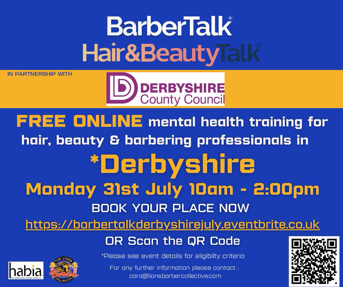 FREE Mental Health Training for Hair, Beauty and Barbering Professionals!

BOOK HERE 👉 eventbrite.co.uk/e/barbertalk-h…

Please share with your hair, beauty and barbering professionals!

#mentalhealthtraining #hairandbeauty #barber