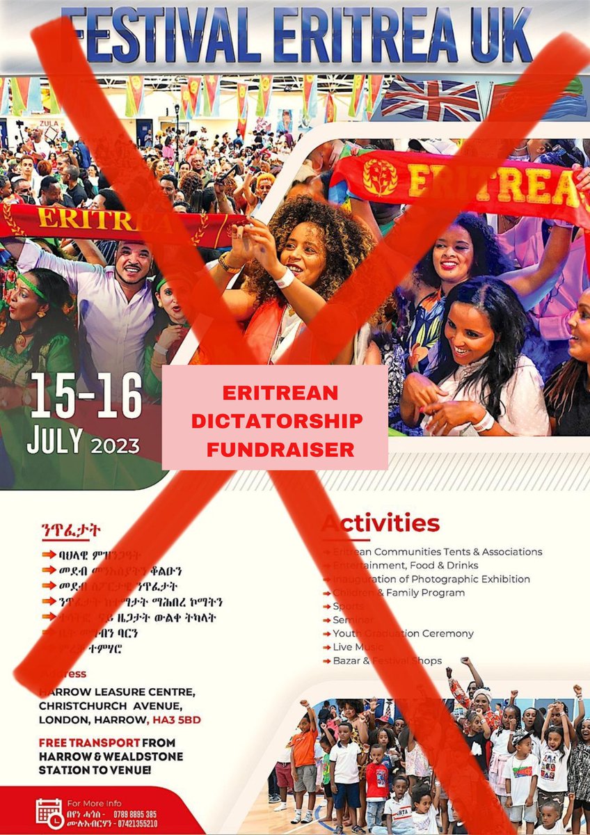 fffstars's tweet photo. #CancelEritreanFestival
#Eritrea Every year under the disguise of cultural events, the govt fundraises to fund more than 300 prisons that holds journalists, religious leaders and teachers while having zero universities
@KrupeshHirani @HarrowLabour @harrowlibdems @harrow_council https://t.co/x6Omv6FXMY