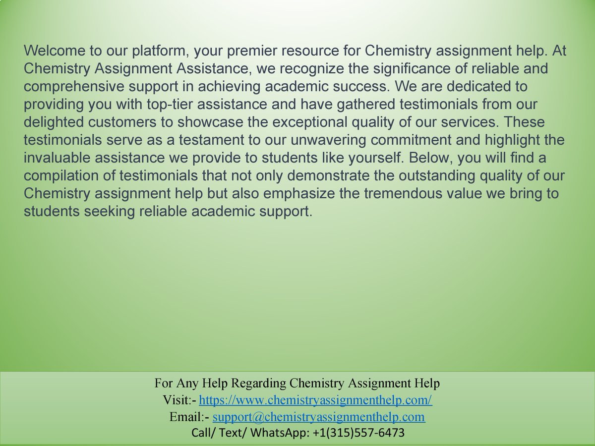 chemistryassig2's tweet image. Get reliable assistance for your Chemistry assignments at Chemistry Assignment Help! Our website, chemistryassignmenthelp.com, has received rave reviews from satisfied students on popular platforms like Site Jabber, Mouthshut, and Facebook. 
#chemistryassignment #assignmenthelp