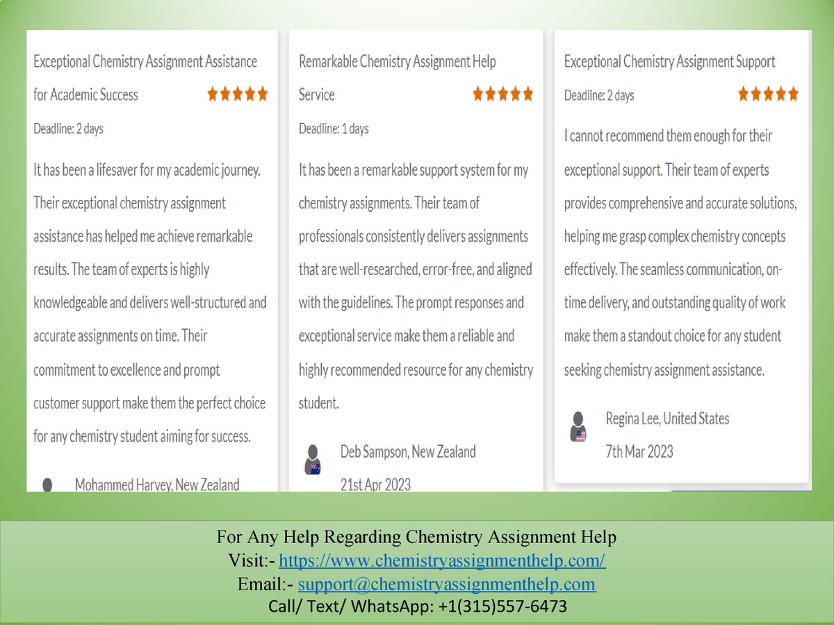 chemistryassig2's tweet image. Get reliable assistance for your Chemistry assignments at Chemistry Assignment Help! Our website, chemistryassignmenthelp.com, has received rave reviews from satisfied students on popular platforms like Site Jabber, Mouthshut, and Facebook. 
#chemistryassignment #assignmenthelp