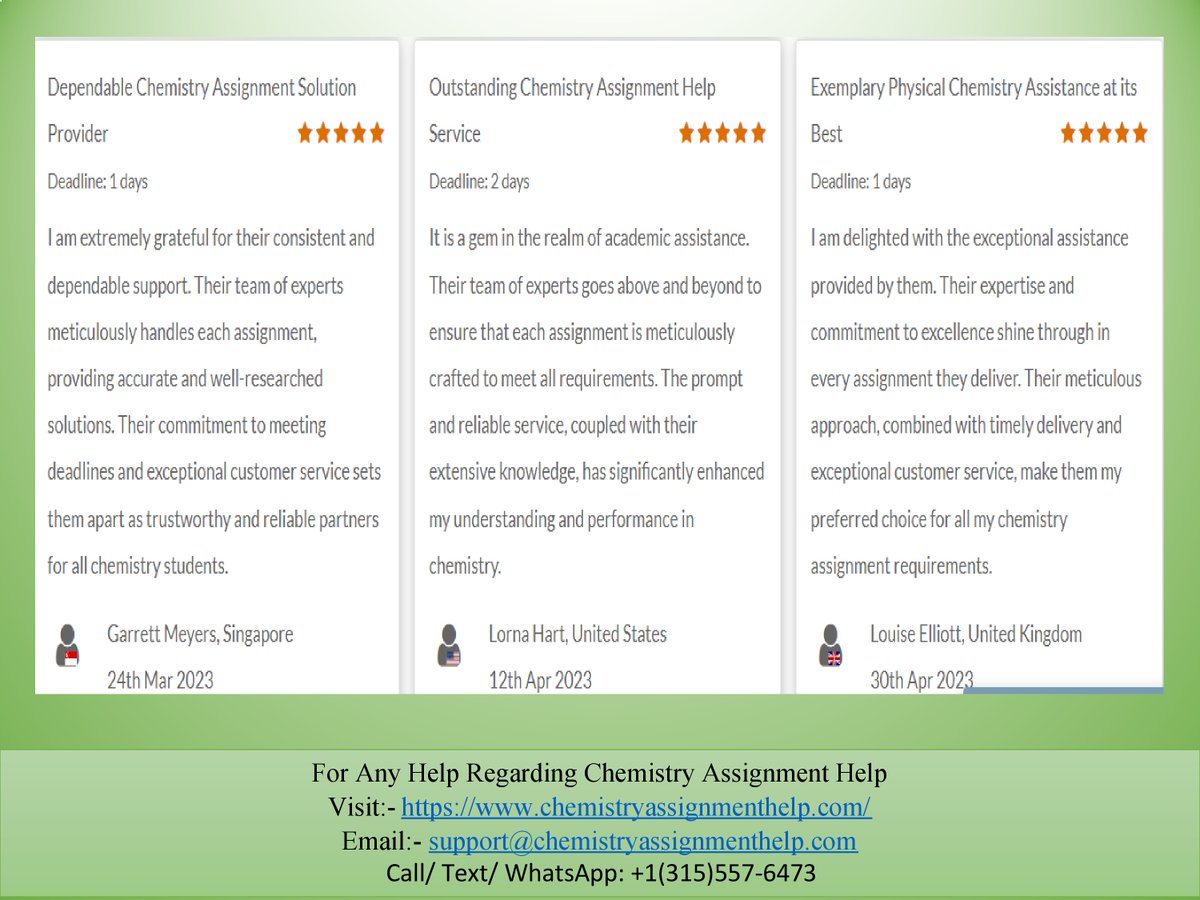 chemistryassig2's tweet image. Get reliable assistance for your Chemistry assignments at Chemistry Assignment Help! Our website, chemistryassignmenthelp.com, has received rave reviews from satisfied students on popular platforms like Site Jabber, Mouthshut, and Facebook. 
#chemistryassignment #assignmenthelp