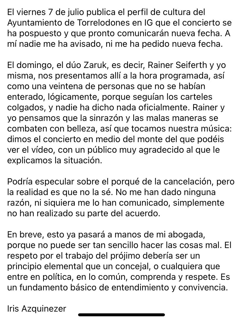 Iris Azquinezer (@irisazq) on Twitter photo Cancelar un concierto sin avisar
Torrelodones, julio 2023
<a href="/ayto_torre/">Ayuntamiento de Torrelodones</a> <a href="/elpais_cultura/">El País Cultura</a> <a href="/elpais_espana/">EL PAÍS España</a> <a href="/elmundoes/">EL MUNDO</a> <a href="/Scherzo_es/">Scherzo</a> <a href="/PlateaMagazine/">Platea Magazine</a> @melomanodig <a href="/TheObjective_es/">THE OBJECTIVE</a> <a href="/eldiarioes/">elDiario.es</a> <a href="/RevistaRITMO/">RITMO</a> <a href="/ABC_Cultural/">ABC Cultural</a> Cancelar un concierto sin avisar
Torrelodones, julio 2023
<a href="/ayto_torre/">Ayuntamiento de Torrelodones</a> <a href="/elpais_cultura/">El País Cultura</a> <a href="/elpais_espana/">EL PAÍS España</a> <a href="/elmundoes/">EL MUNDO</a> <a href="/Scherzo_es/">Scherzo</a> <a href="/PlateaMagazine/">Platea Magazine</a> @melomanodig <a href="/TheObjective_es/">THE OBJECTIVE</a> <a href="/eldiarioes/">elDiario.es</a> <a href="/RevistaRITMO/">RITMO</a> <a href="/ABC_Cultural/">ABC Cultural</a>