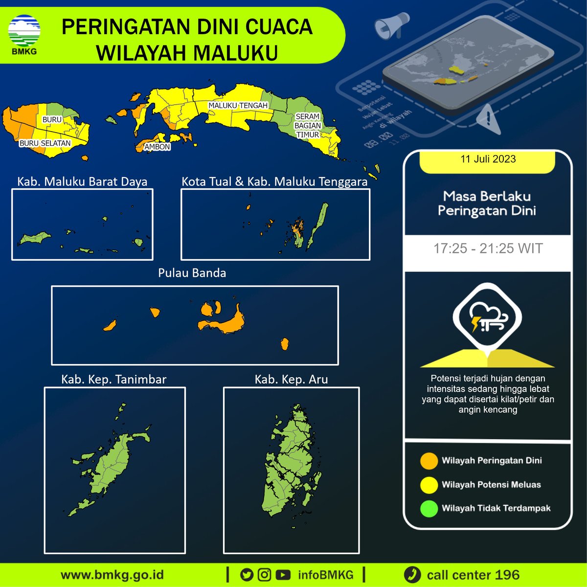 infoBMKG's tweet photo. Update Peringatan Dini Cuaca Wilayah - Maluku Tgl. 11 Juli 2023 pkl. 17:25 WIT
Prakirawan - BMKG - Maluku
https://t.co/PrhOqbcnQh https://t.co/XSIahAe3IB