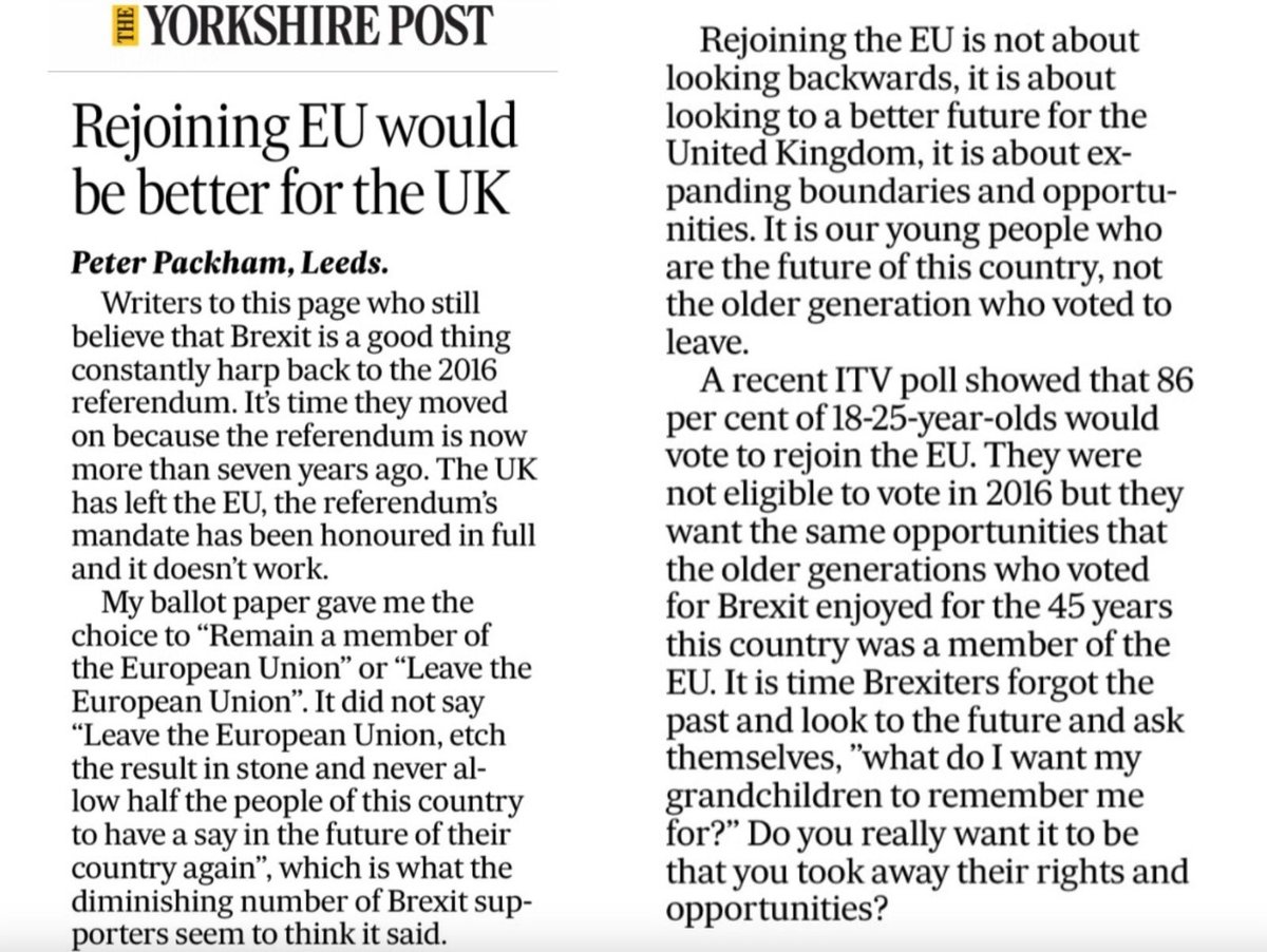 BremainInSpain's tweet photo. Superb letter in the Yorkshire Post written by @leedsblue67 

‘Rejoining the EU is not about looking backwards, it’s about looking to a better future for the United Kingdom. It is about expanding boundaries and opportunities. It is our young people who are the future’ 
@euromove https://t.co/jfS0KOdTdt