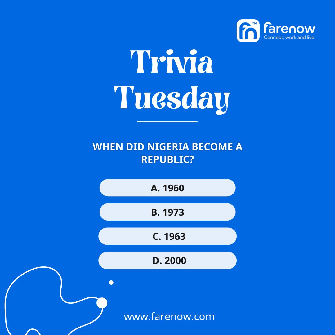 farenow_hq's tweet photo. Trivia time! Get ready for some Tuesday fun with our mind-teasing trivia. Expand your knowledge and have a blast along the way.
.
.
.
.
๐ง ๐ #TuesdayTrivia #farenow #FunFacts #ExpandYourKnowledge #TriviaTime #Curiosity #LearningIsFun #BrainTeasers #abuja #explorepage https://t.co/YrpgToAR0B