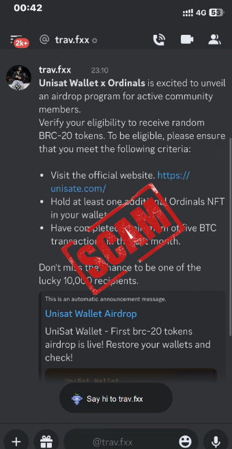 unisat_wallet's tweet photo. Attention! 
Scams are frequent. 
There won't be any airdrops or direct messages from UniSat_Wallet. https://t.co/7UNeFLTiyI