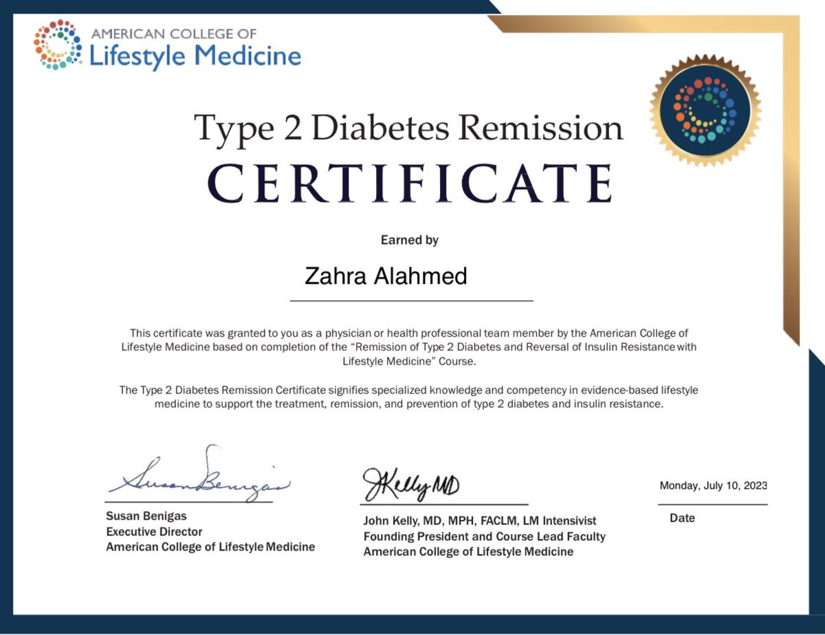 I enjoyed the intensive, evidence-based lifestyle medicine course titled Remission of Type 2 Diabetes and Reversal of Insulin Resistance. This course was about lifestyle medicine therapies to send type 2 diabetes patients into remission and reverse insulin resistance. @ACLifeMed