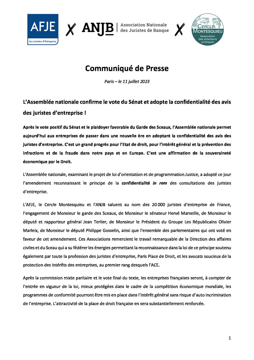 📣 C'est historique ! Hier soir, l'Assemblée nationale a adopté la confidentialité des avis des juristes d'entreprise. Une avancée majeure au service de l’intérêt général, au service du droit, de l’attractivité de la place de Paris et de la souveraineté de notre économie !