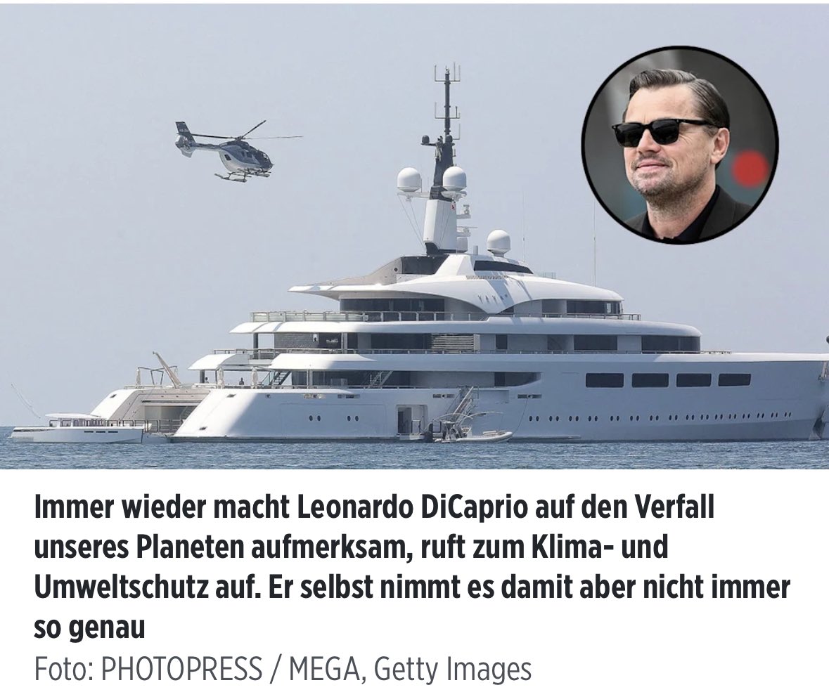 Léonardo Di Caprio l’acteur écolo celui qui veut que vous preniez l’avion 2 fois dans votre vie car ça pollue trop vous présente son modeste bateau avec son modeste hélicoptère