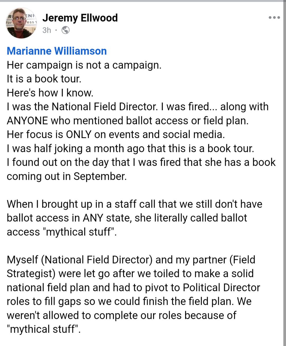 TommyInPA's tweet photo. 🚨BREAKING🚨 As I have said for months, Marianne Williamson's campaign is a book tour grift. Just confirmed by her former National Field Director. https://t.co/IOq5q5oZvk