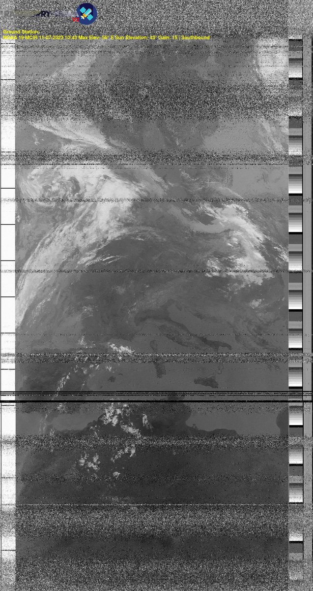 DELESTRENicola2's tweet photo. π«π· NOAA 19 11-07-2023 10:27 Max Elev: 56Β° E Sun Elevation: 43Β° Gain: 15 | Southbound
#NOAA #NOAA15 #NOAA18 #NOAA19 #MeteorM2 #weather #weathersats #APT #LRPT #wxtoimg #MeteorDemod #rtlsdr #gpredict #raspberrypi #france #ISS https://t.co/Ph3wcVxbi7