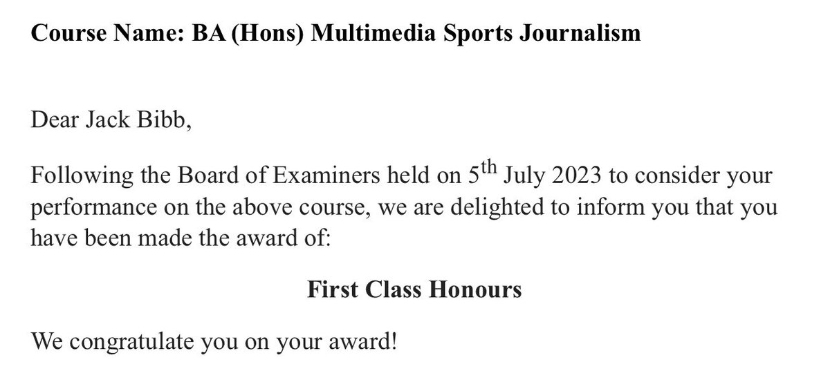 I maximised every opportunity <a href="/ucfb/">University Campus of Football Business</a>, which led to some fantastic opportunities around the world. 🌎 

I was often away from Wembley, but I still had full focus on the main task at hand. 👨🏼‍💻

So, words can’t begin describe how happy I am to have achieved First Class Honours. 🎓