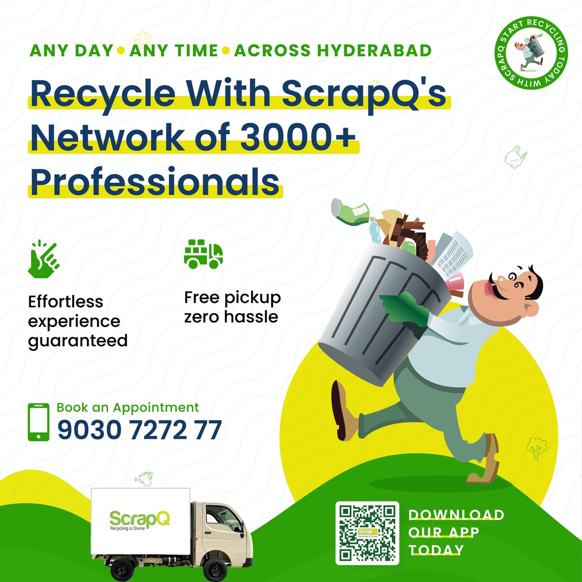 ScrapQ_recycle's tweet photo. Selling #scrap has never been this convenient before. Just Call, Schedule, and Recycle!

Gone are the days when you had to wait for Sundays to declutter your home. With ScrapQ, every day could be a recycling day.

Dial +91-9030727277 and get your free pickup scheduled #ScrapQ https://t.co/rGnfn9i28h