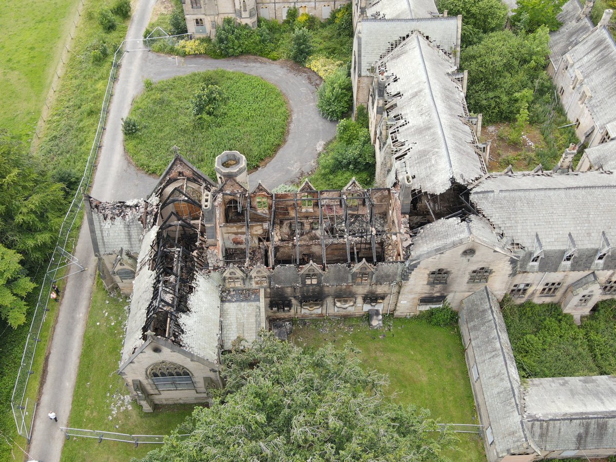 CDDFRS's tweet photo. This dramatic drone shot shows the aftermath of a large fire at Ushaw Chapels and Gardens in Durham.

👮 Our colleagues at @DurhamPolice are currently treating the cause of the fire as suspected arson.

If you have any info to contact Firestoppers anonymously on 0800 169 5888 🔥 https://t.co/3DvaWSikG8