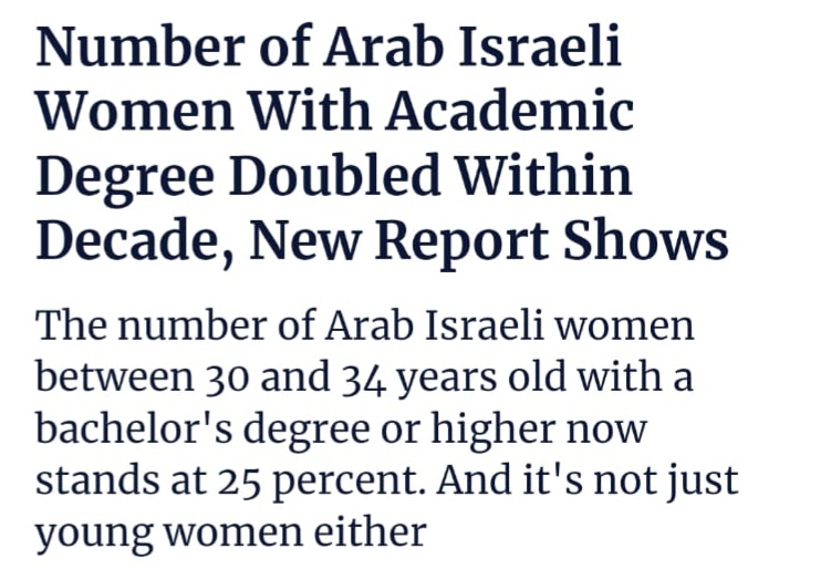 The number of Arab women in Israel with an academic degree has doubled within a decade!
Yes, who would have believed that under the "Israeli apartheid regime," it seems that the "oppressed" minority manages to flourish...
By the way, before the anti-Israel crowd says I am lying