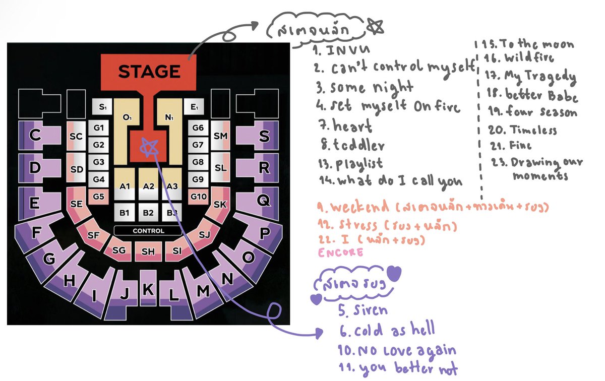 CherTTYae's tweet photo. ไปปั่นคอนมาตั้งแต่ผังออก ปวดตาหมดละ😵‍💫😵‍💫 สรุปคร่าวๆได้แบบนี้ สเตจหลักเยอะมาก แต่อยากดูsirenกับcold as hell🫠
 #TAEYEON_TheODDOfLOVE_in_BKK https://t.co/6dtKlMElit