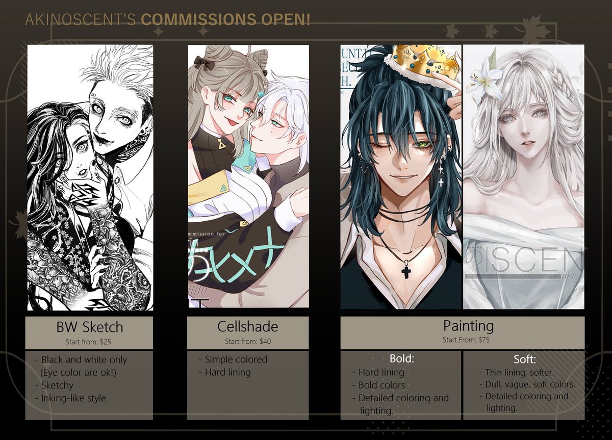 akinoscent's tweet photo. Hello! After the long waits I finally opened Commissions again! Please visit https://t.co/7o8wfDvojv for more info, or contact me in other social media for inquiries ^^!

RTs are appreciated.

#commissionsopen #commissions https://t.co/jV1CKalQCu
