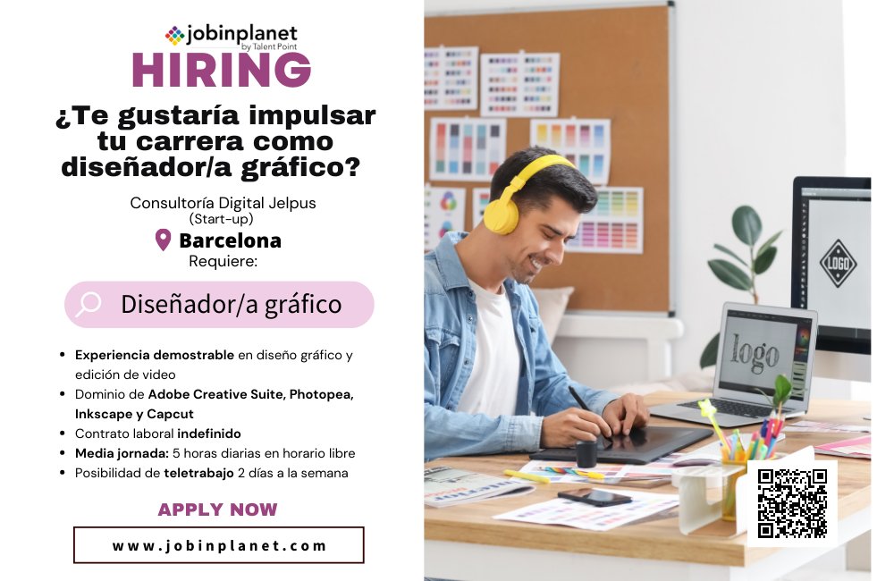 EMPLEO | 📢 ¿Te gustaría impulsar tu carrera como diseñador gráfico? ¡Buscamos un diseñador gráfico/a para la start-up JelpUs, en Barcelona! 📷 Inscríbete en: bit.ly/3pDlBEp o escaneando el qr. #empleo #barcelona #diseñográfico
