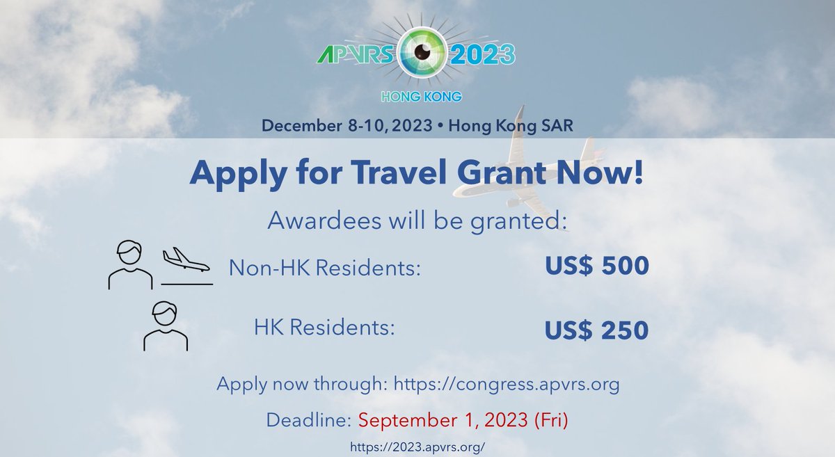 We are excited to meet you all in Hong Kong for the 2023 APVRS Congress this year! APVRS is delighted to offer up to 5 Prof. Yasuo Tano Travel Grants to young and aspiring specialists from around the world.

Grab this opportunity and apply now through: congress.apvrs.org