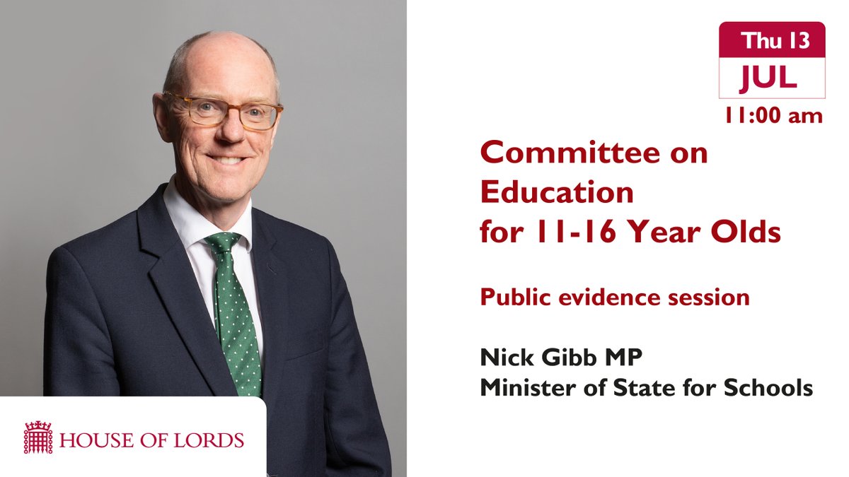 This Thurs 13 July at 11am we will hear from ⬇️

• <a href="/NickGibbUK/">Nick Gibb</a>, Schools Minister <a href="/educationgovuk/">Department for Education</a>

We will be discussing school curriculum, assessment, and accountability in England #KS3 #KS4 #GCSE
