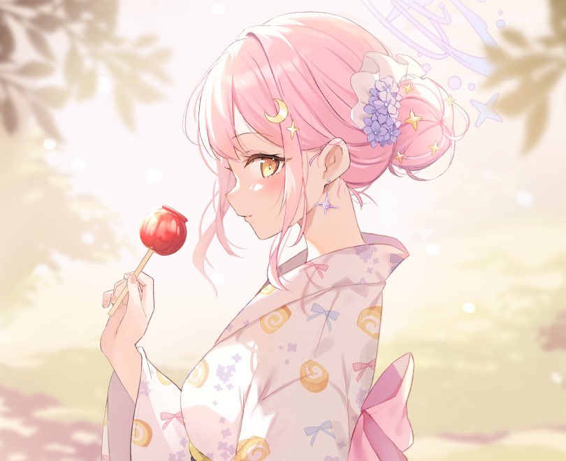 mika (blue archive) 1girl food hair ornament solo japanese clothes kimono pink hair  illustration images