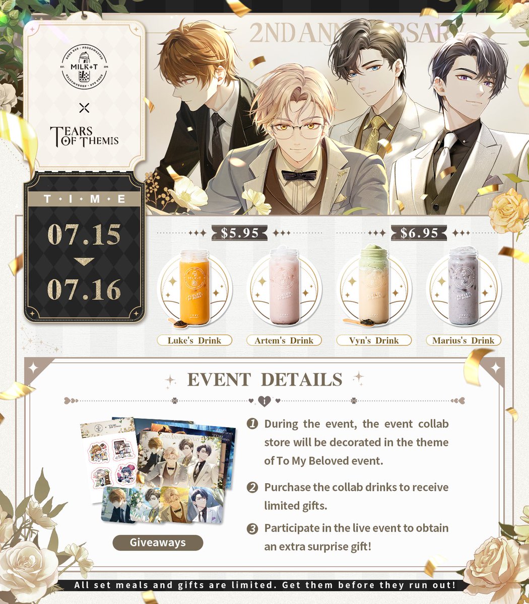 TearsofThemisEN's tweet image. Tears of Themis X @MilkandT Event Coming Soon

Sweet whispers in the enchanting embrace of love. 

Address: 310 E 2ND ST, LOS ANGELES, CA

💝 RT for a chance to win a complete set of event gifts (all characters)! 5 winners will be picked at random on July 15.

#TearsOfThemis