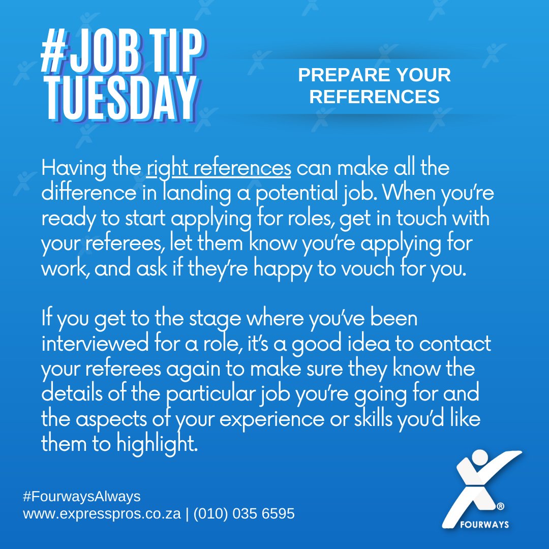 EFourways's tweet image. #JOBTIPTUESDAY

Prepare your references

#JobTip #jobseekers #jobsearch #recruitment #jobsearching #jobhunt #employment #jobopportunity #recruitmentagency #staffingagency #ExpressProsFourways #FourwaysAlways
#StaffingExperts #PuttingAMillionPeopleToWork