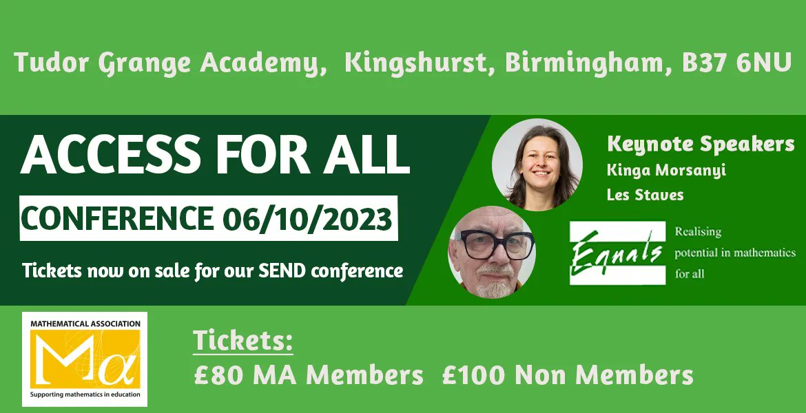 The Mathematical Association (@mathematical_a) on Twitter photo Tickets now on sale! Will you be attending our 2nd annual Equals SEND conference this October? With keynotes <a href="/lesstaves/">Les Staves</a> <a href="/Kmorsanyi/">Kinga Morsanyi</a> . Get your tickets here: buff.ly/43gwMQY Tickets now on sale! Will you be attending our 2nd annual Equals SEND conference this October? With keynotes <a href="/lesstaves/">Les Staves</a> <a href="/Kmorsanyi/">Kinga Morsanyi</a> . Get your tickets here: buff.ly/43gwMQY