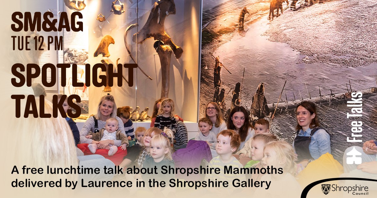 shrewsmuseum's tweet image. FREE Spotlight Talk
Shropshire Mammoths
Today 12 Noon

Shrewsbury Museum &amp;amp; Art Gallery
Laurence presents the Shropshire Mammoths in the Shropshire Gallery. 
Come along in your lunch break and learn something new!

#FreeTalks #Mammoths #Pre-History

@ShropCouncil