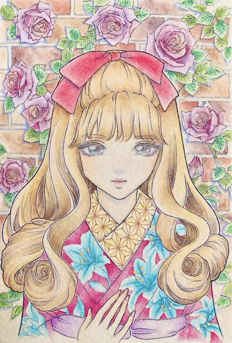 #作品をみてくださいあわよくばフォローしてください祭 便乗します 透明水彩でレトロな女の子を描いてます
