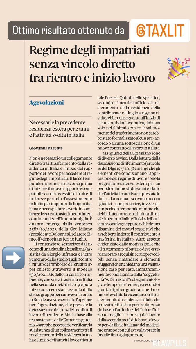Ottimo risultato in Corte di giustizia tributaria di I grado di #Milano in materia di accesso al regime fiscale impatriati e in particolare sulla necessità di un collegamento stretto tra rientro in Italia ed inizio dell’attività di lavoro.