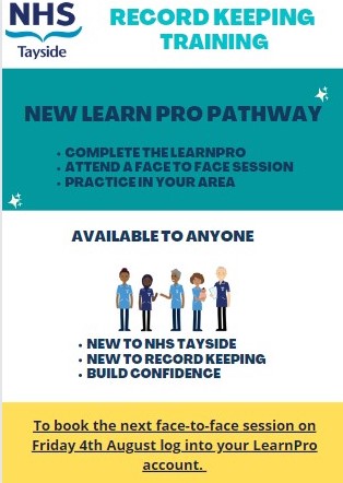 NHST_PPD's tweet image. 'Our next face to face record keeping session is on Friday 4th August 2023 -  bookable via learnPro. This session is open for all healthcare support workers and nursing colleagues. If you would like more information please contact TAY.NMAHPhealthcaresupportworkers@nhs.scot.'